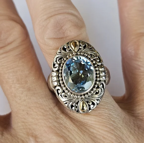 Natural Sky Blue Topaz Ring in 18K & Sterling Silver Sz 8! - Picture 6 of 8